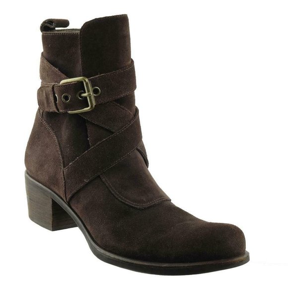 COLE HAAN G SERIES Ankle Boots Dark Brown Suede Sz. 9 B Buckled Chunky Heel - Picture 3 of 7